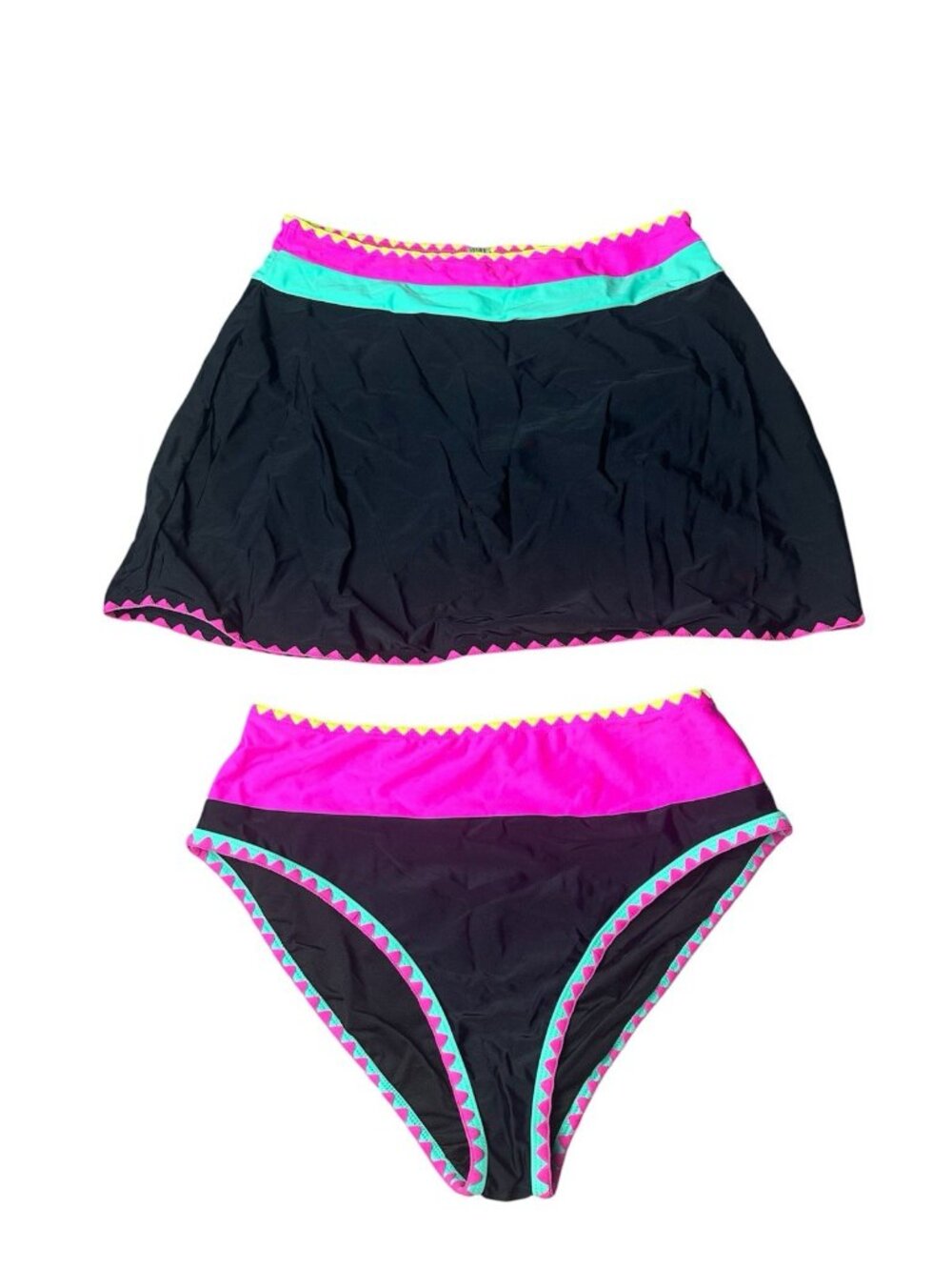 POPVIL 2 Pc Womens Swimsuit Set High Waist Bikini Bottom Swim Skirt Neon Black L